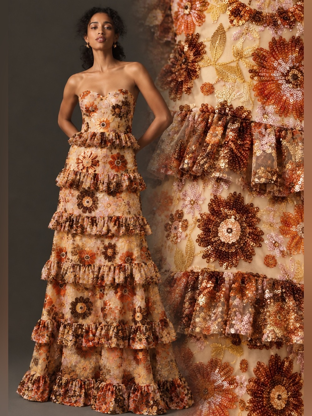 New Dress The Population Siriana Sequin Ruffle Gown Medium & Small - Picture 1 of 13